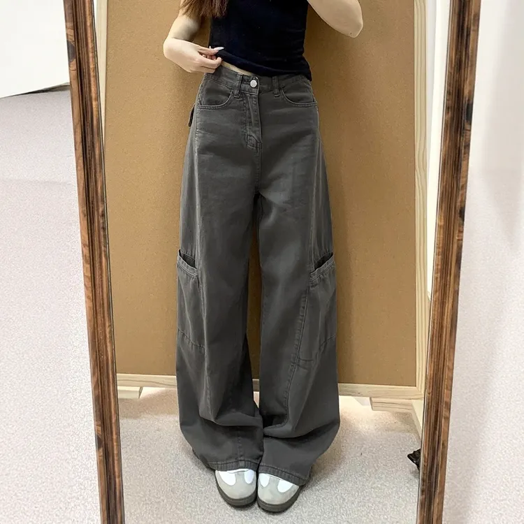 灰色阔腿牛仔工装裤女秋季新款胖妹妹mm梨形身材宽松显瘦休闲裤子