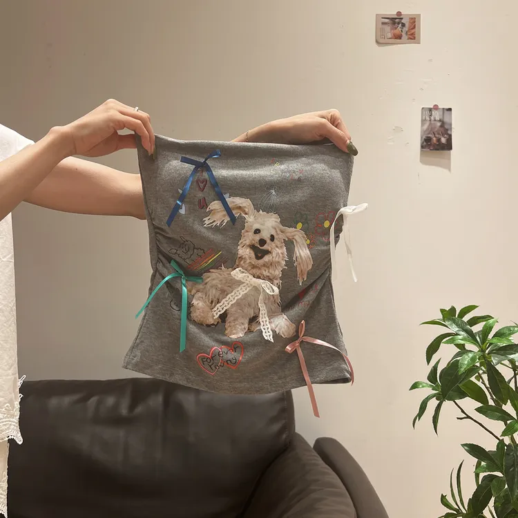 性感灰色设计感蝴蝶结印花小吊带背心女夏季新款褶皱收腰小众上衣