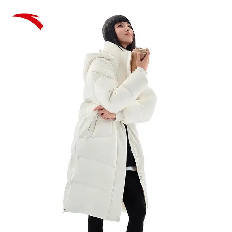 安踏长款女款连帽羽绒服2025冬季新款舒适保暖加厚时尚百搭外套