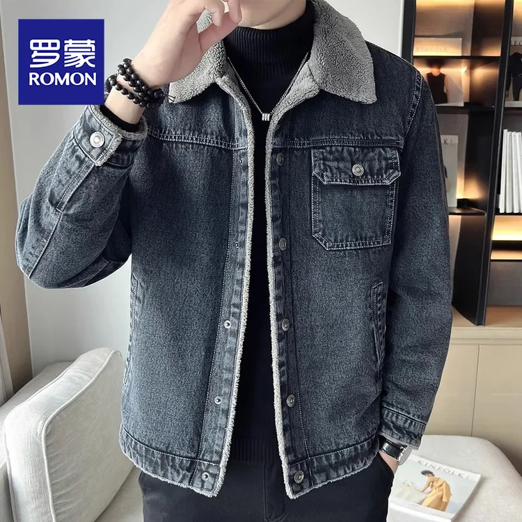罗蒙2025秋冬季新款加绒加厚牛仔外套男士休闲翻领上衣服夹克男装