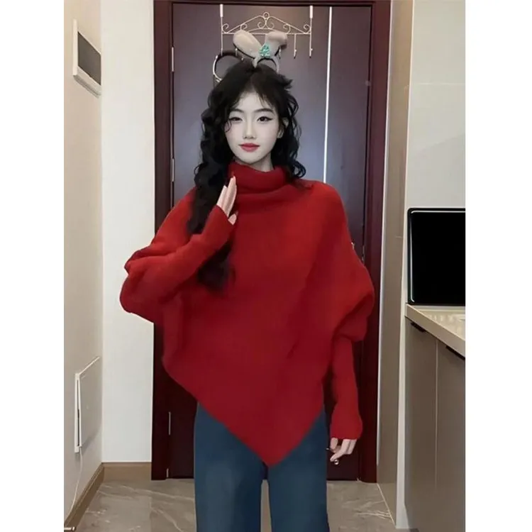 冬季新款不规则高领毛衣女秋冬慵懒蝙蝠袖加厚针织衫斗篷披肩上衣