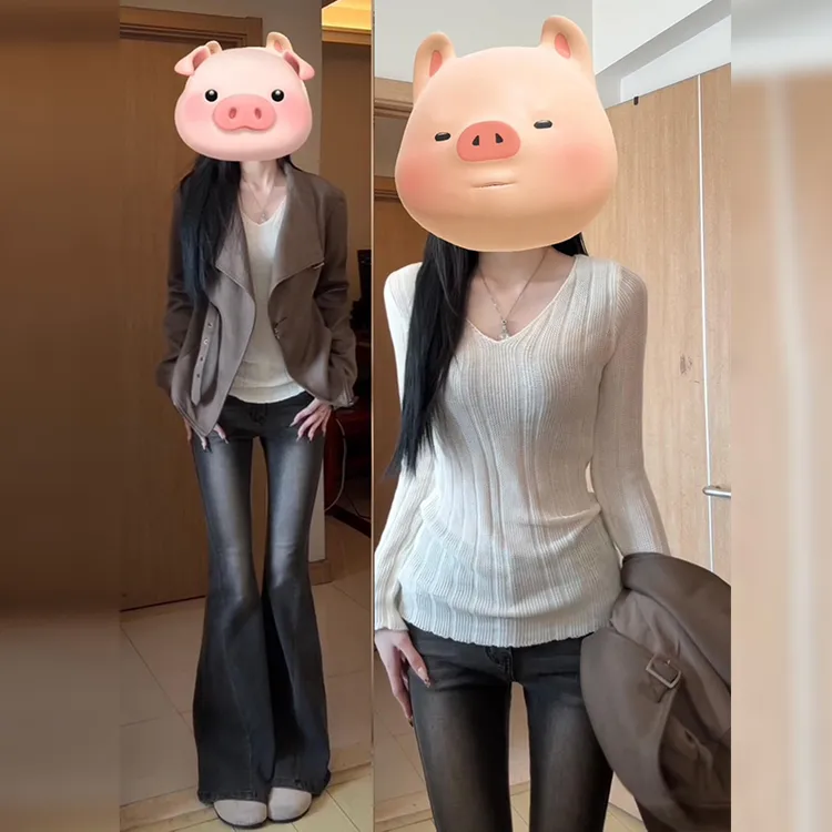 白色v领打底针织衫女秋季新款慵懒风高级感修身收腰辣妹长袖上衣