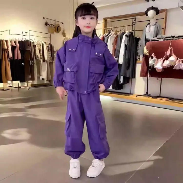 乌梅紫酱时尚运动休闲套装甜酷女童春秋连帽工装外套休闲裤两件套
