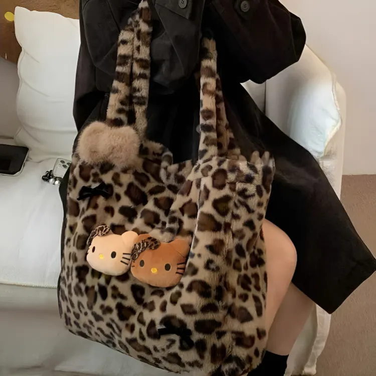 秋冬新款毛绒绒豹纹kitty托特包毛毛大容量单肩包包秋冬可爱慵懒Q