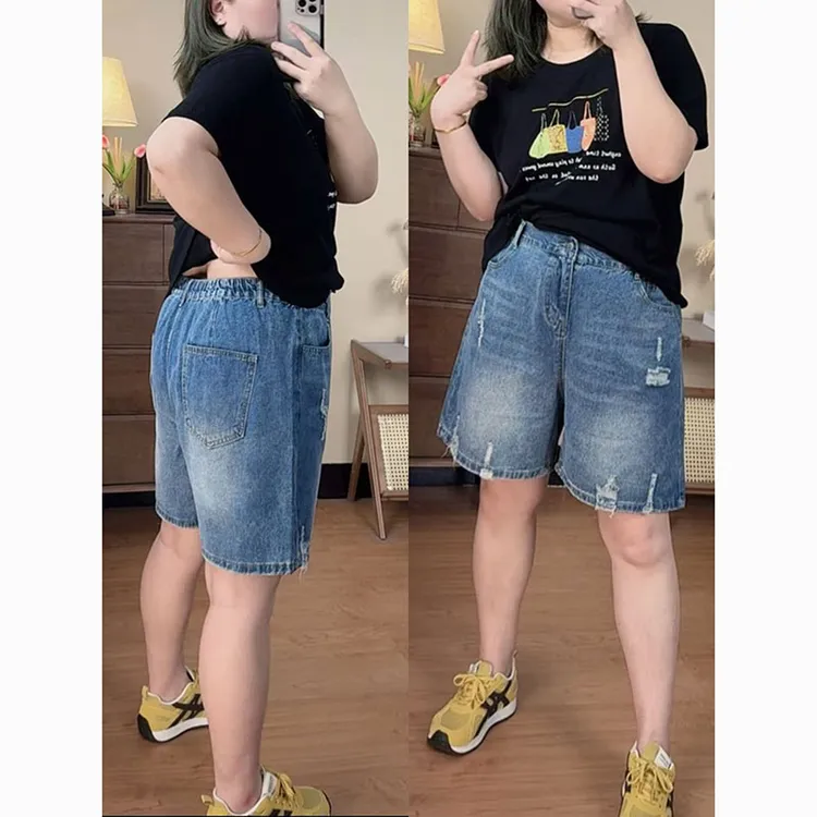 300斤大码破洞牛仔裤女夏季新款胖mm梨型身材显瘦遮肉阔腿五分裤