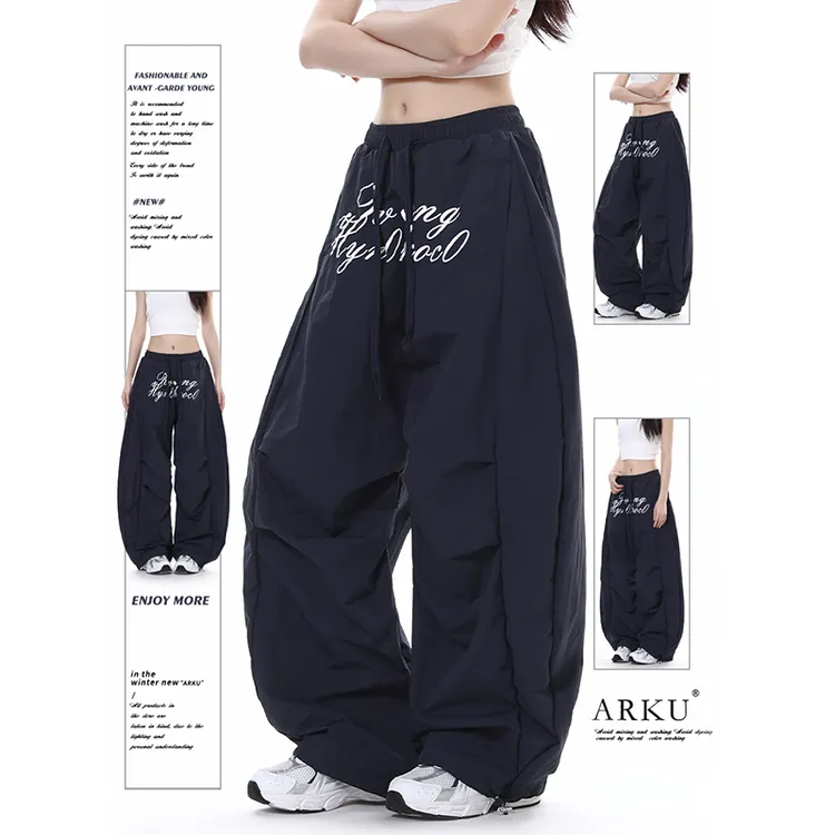 ARKU美式复古字母印花伞兵工装裤男女宽松褶皱设计阔腿休闲弯刀裤