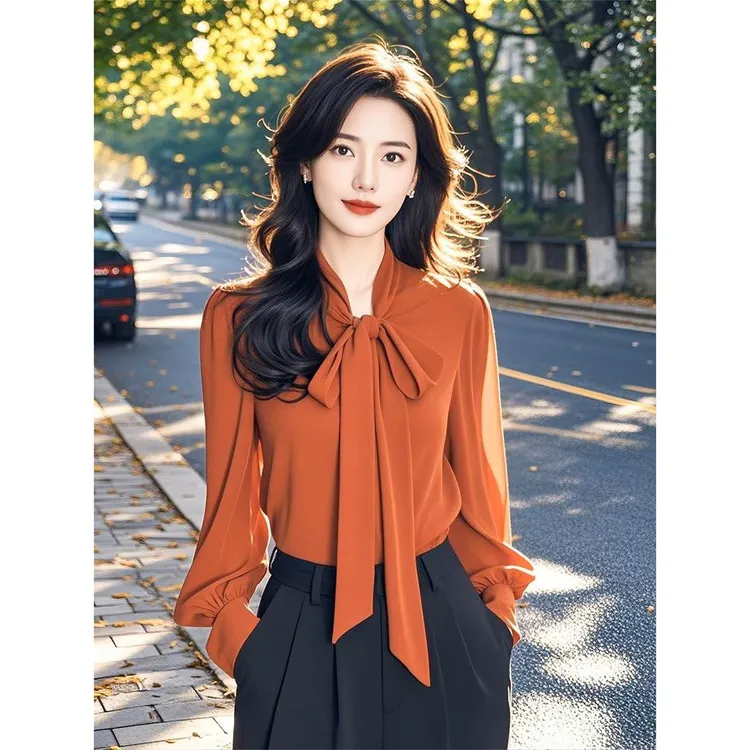 今年流行的冷淡系高级感法式甜美上衣减龄好看的蝴蝶结纯色衬衫女