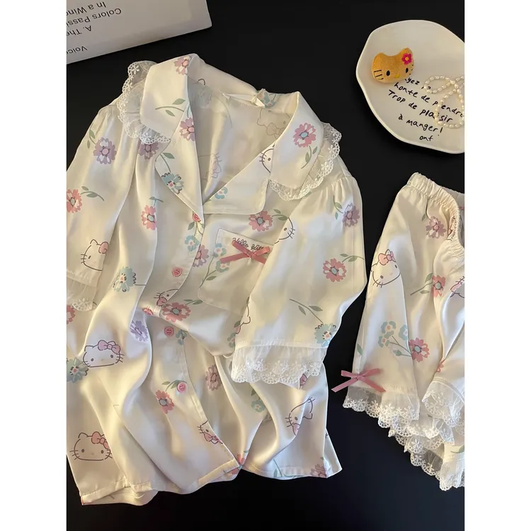 甜美少女玛丽猫短袖冰丝睡衣女款夏季法式蕾丝花边短裤家居服套装