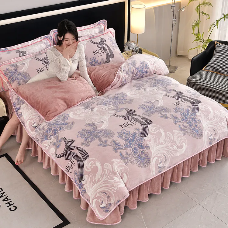 高克重牛奶绒四件套加厚保暖双面绒绒保暖柔软细腻被套床裙