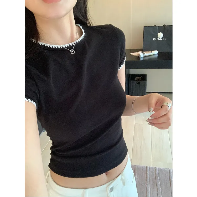 现货260克！送运费险夏季爆款正肩修身T恤撞色刺绣短袖显瘦女上衣
