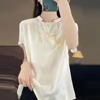 新中式女士高级提花短袖T恤女复古盘扣斜襟时尚气质上衣短袖H586