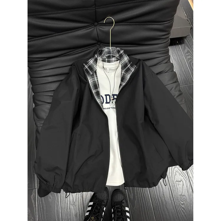 fitcheck格子拼接夹克男春秋复古设计感无帽上衣美式翻领情侣外套