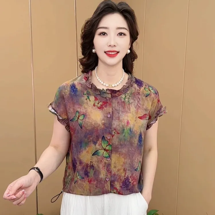 夏季新款时尚木耳边印花洋气妈妈装宽松显瘦百搭薄款短袖上衣K639