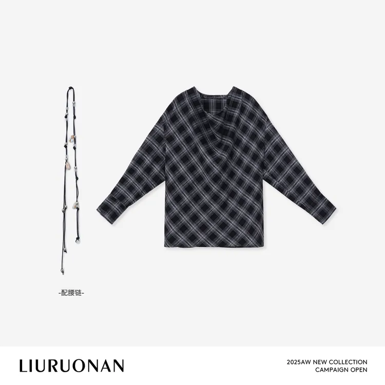 LIURUONAN 25WIN【格纹荡领衬衫】气质宽松抽绳收腰显瘦衬衣/配腰带