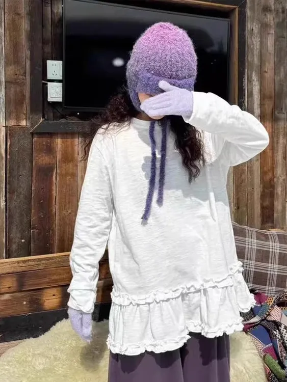 2025秋冬新款今年流行花边下摆圆领T恤女独特洋气时尚宽松打底衫