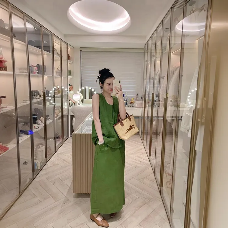 【深海草绿】100%亚麻套装夏季名媛气质御姐风绿色马甲半裙套装