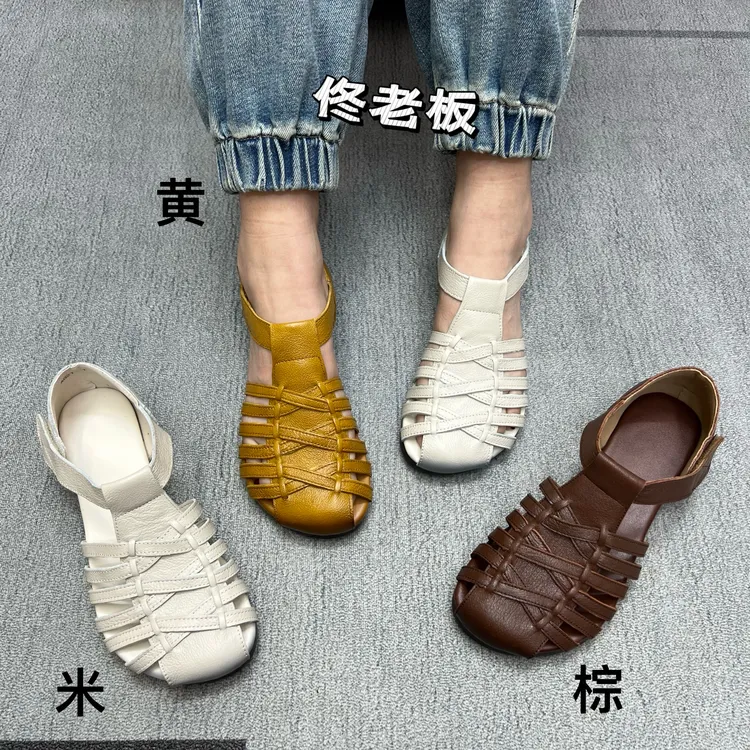 021 纯皮软底时尚简约舒适百搭复古包头猪笼凉鞋