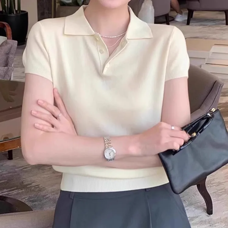 polo领纯色舒适亲肤上衣2025夏季休闲慵懒风短袖套头冰丝针织衫女