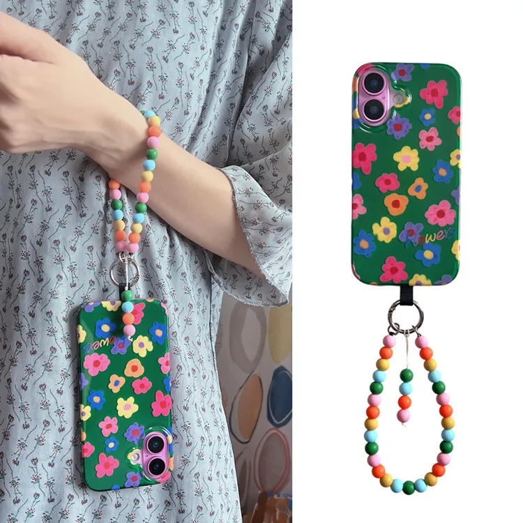 韩风油画花朵弹力手拎串珠适用苹果16挂绳iphone15promax手机壳14