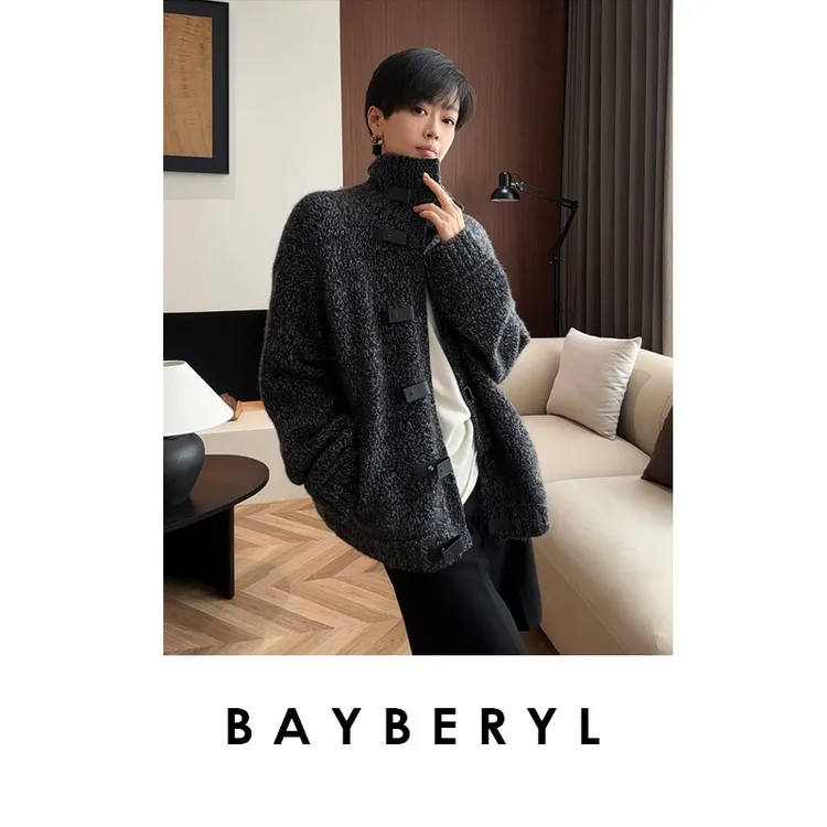 FF-BAYBERYL老贝皮扣花纱灰立领百搭羊绒秋针织开衫9ZZS5H2946