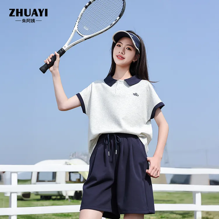 2025夏季两件套撞色翻领学院风套装轻薄宽松女款（25217320）2