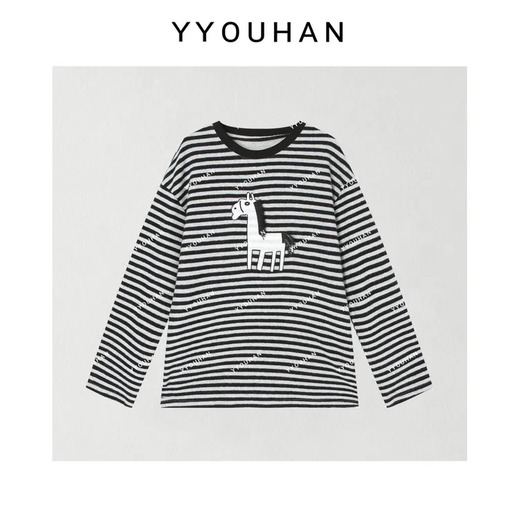 月月 2025秋冬新款小众设计细绒斑马条纹长袖圆领T恤 2510C7241