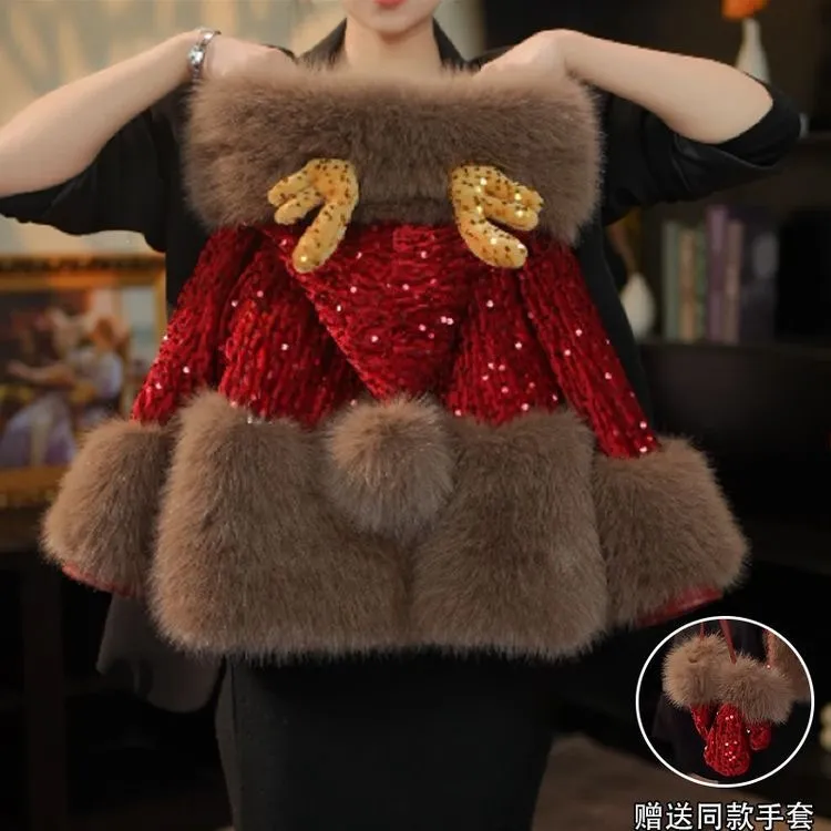 女童冬装2025新款洋气拜年服加绒加厚中长款红色草草外套喜庆年服