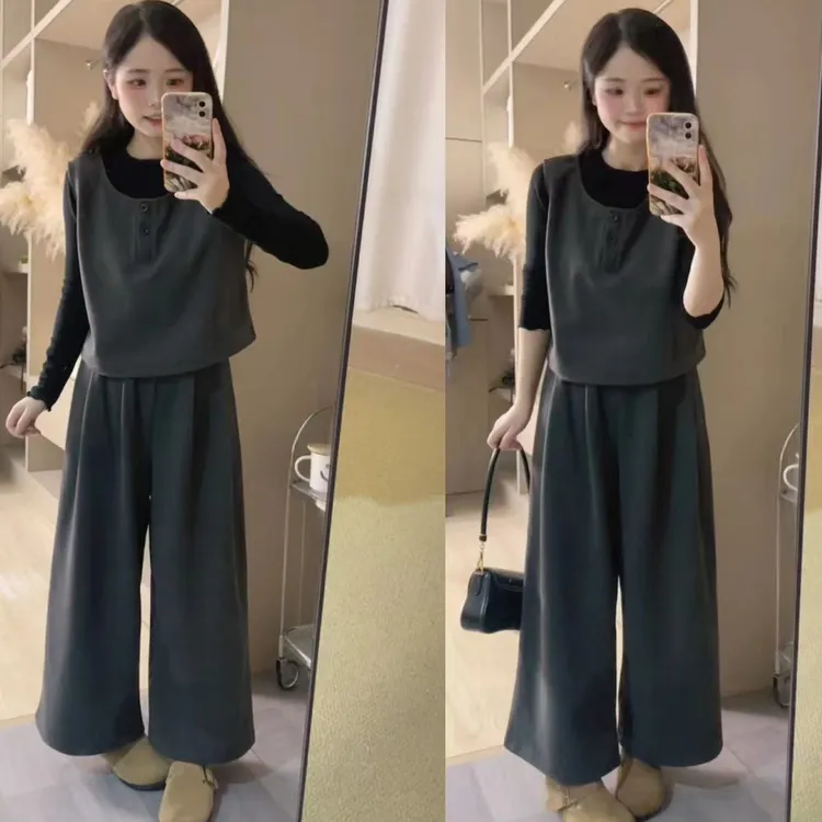 小个子定制气质毛呢马甲显瘦九分阔腿裤搭配112
