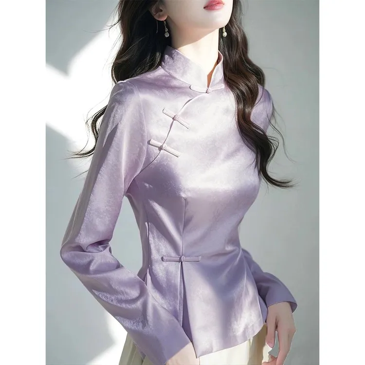 2025早春紫色缎面衬衫新中式高端国风斜襟盘扣衬衣改良旗袍上衣女