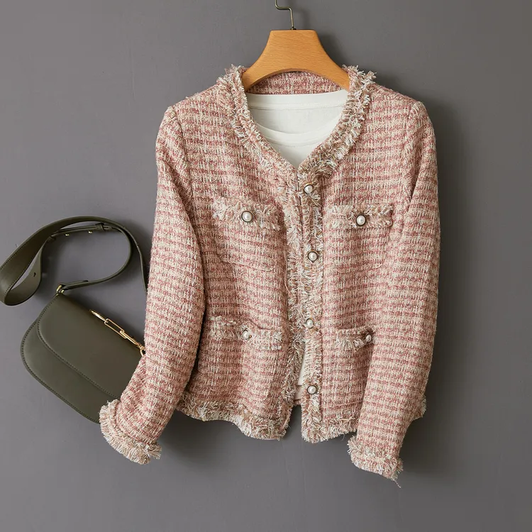 特！门店519！超美柔雾粉 小香风花纱绵羊毛开衫秋冬外套 L71375