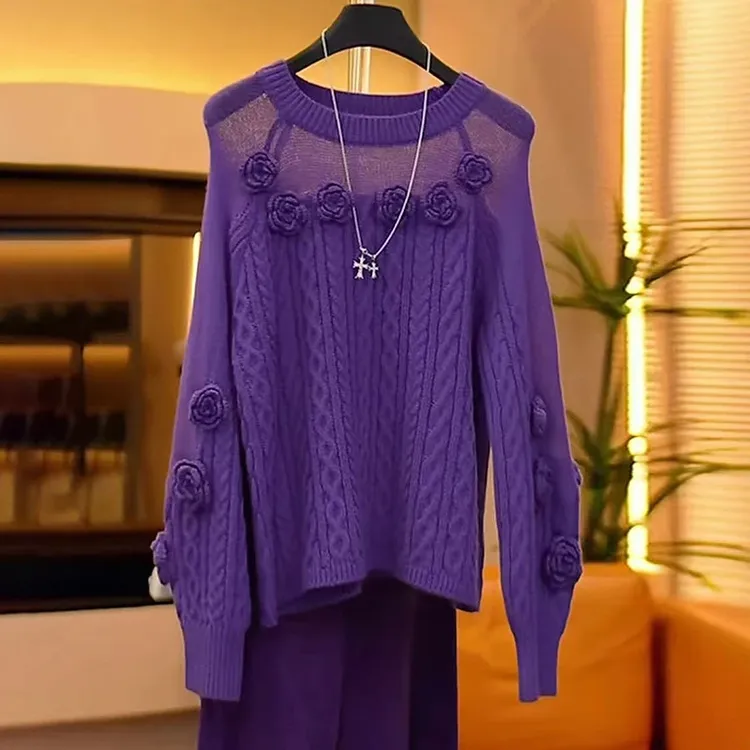 紫气东来麻花套头毛衣女士秋冬新款慵懒风软糯精致立体花朵针织衫