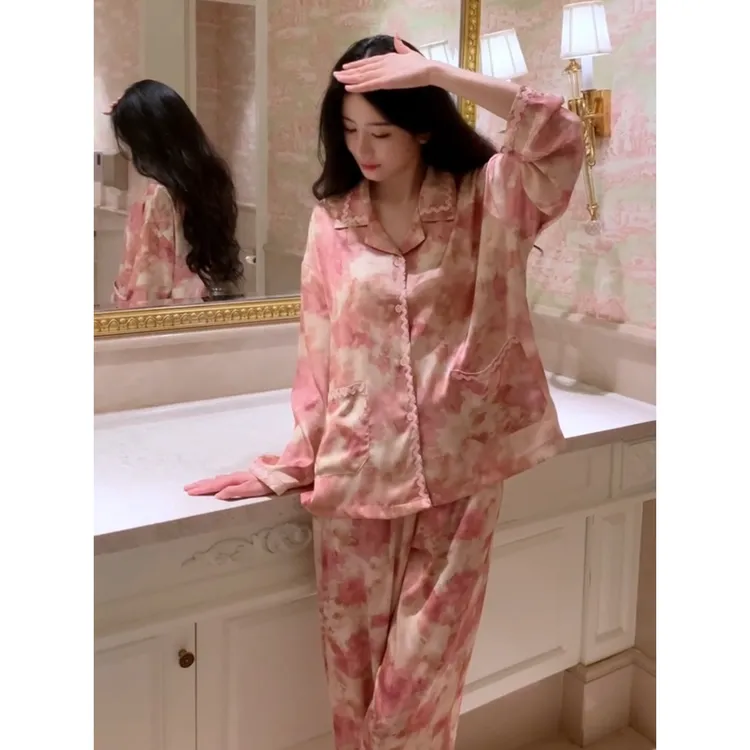 轻奢蕾丝花边富家千金感冰丝睡衣女春秋季新款长袖长裤家居服套装