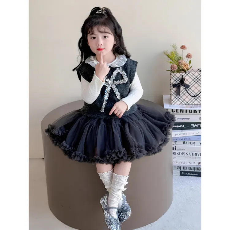 女童毛衣马甲套装秋季2025新款洋气儿童秋装宝宝凸凸裙网红三件套