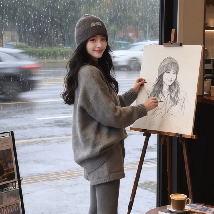 大码漂亮韩系小套装微胖mm慵懒风针织毛衣短裤巨好看的秋装一整套