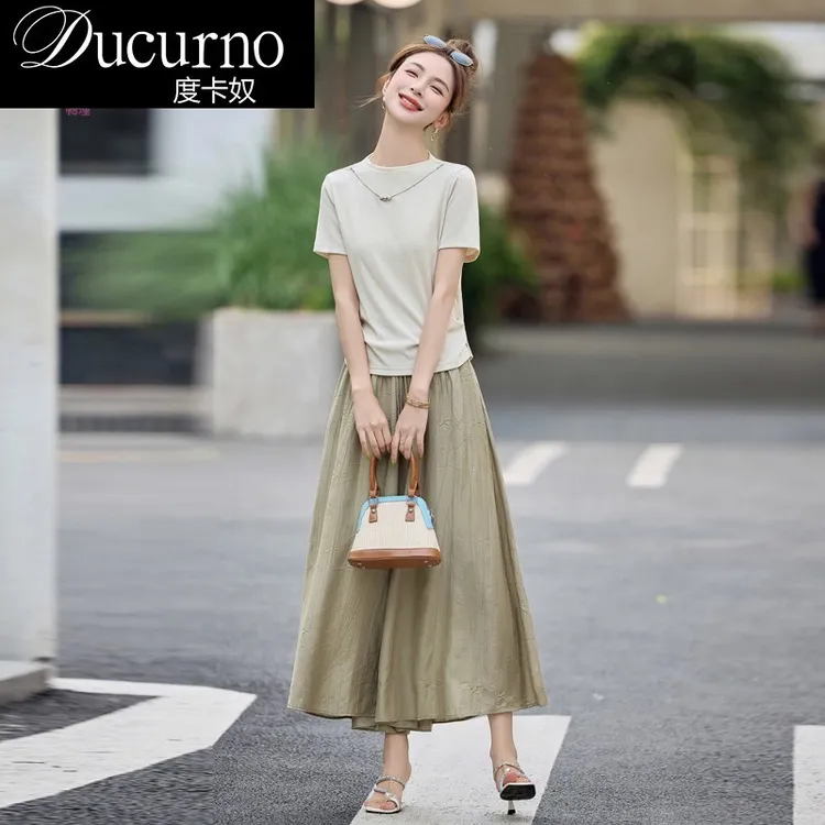 休闲针织短袖t恤裙子套装女装夏季新款气质上衣高腰阔腿裤两件套