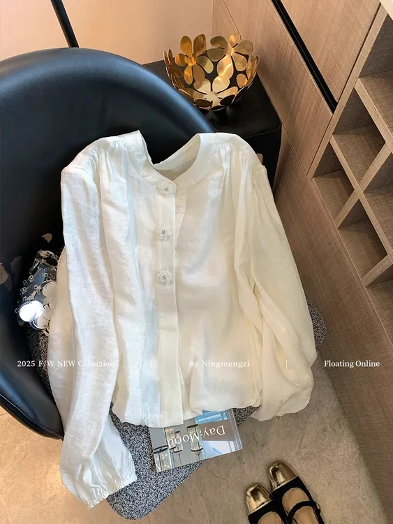 新中式花朵钉珠扣松弛衬衫女2025秋季慵懒风气质时尚高级薄款上衣