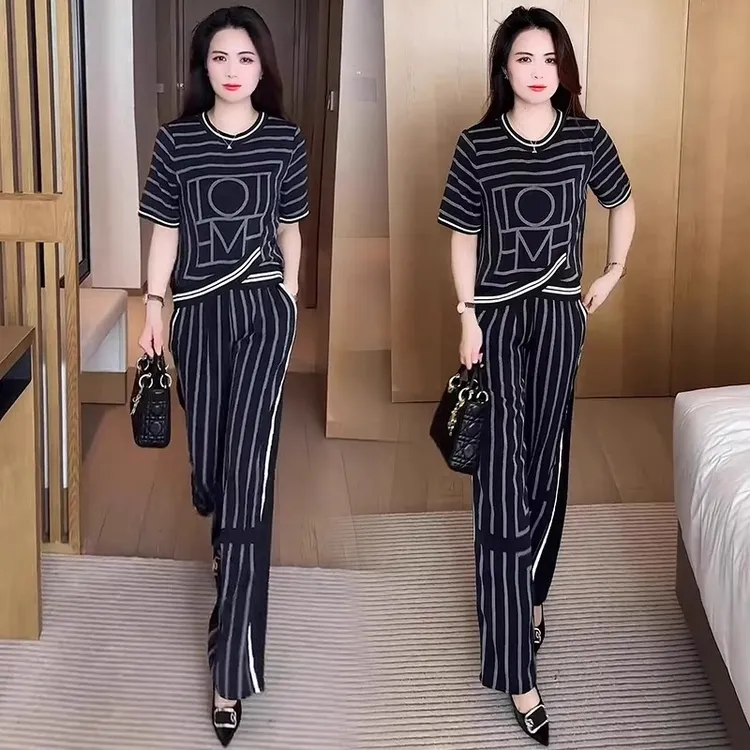 2025春夏新款设计感时尚套装女减龄几何图案短袖上衣阔腿裤两件套