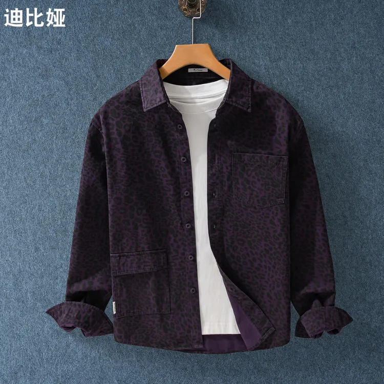 迪比娅豹纹印花工装水洗长袖衬衫男秋季美式潮牌衬衣外套轻奢Y