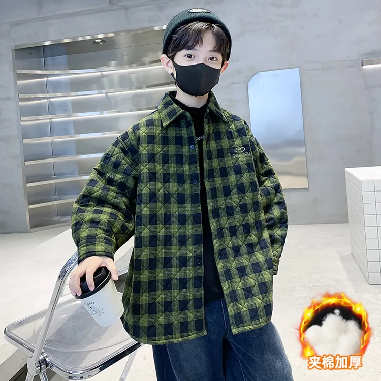 儿童装男童冬装夹棉格子外套2025新款中大童冬季加厚秋冬款洋气潮