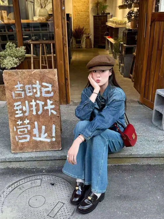 2025秋季新款蓝色港风复古Polo领牛仔衬衫外套上衣女百搭牛仔裤