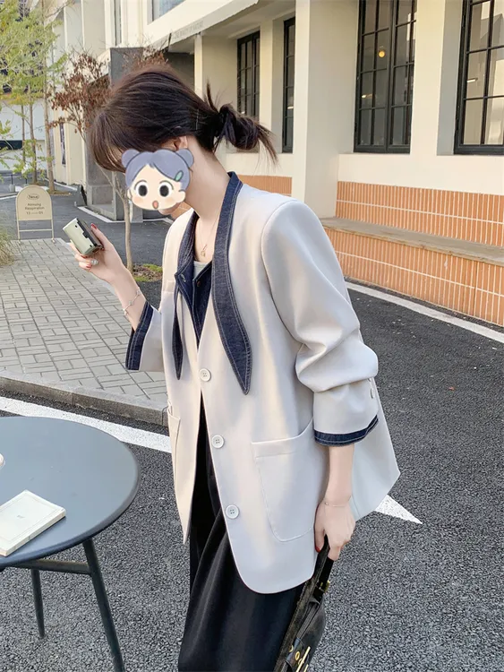 休闲牛仔拼接西装外套女春秋2025新款百搭洋气超火小西服韩系减龄
