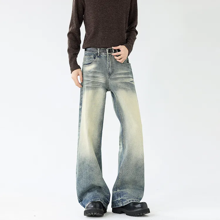 春季新款重磅美式水洗2021M版型百搭牛仔裤男女宽松休闲微喇长裤