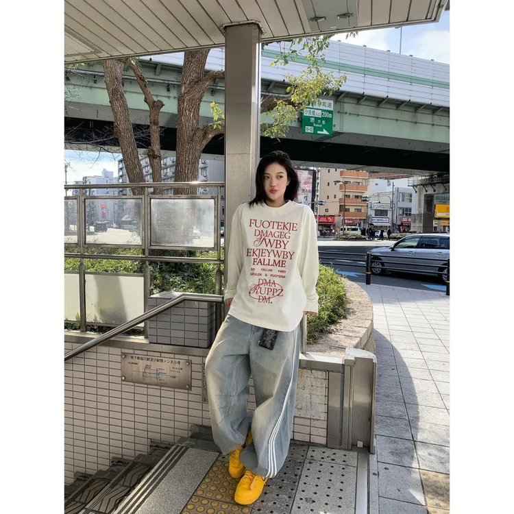 YWBY入秋冬新款女装重磅纯棉T恤长袖宽松休闲百搭圆领印花上衣女