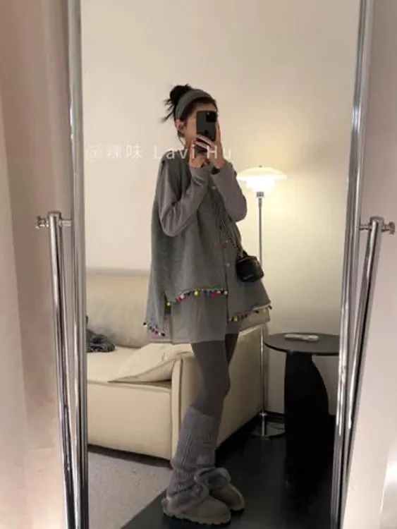 2025秋冬新款韩系慵懒风彩色灰色针织马甲圆领拼接网纱裙两件套女