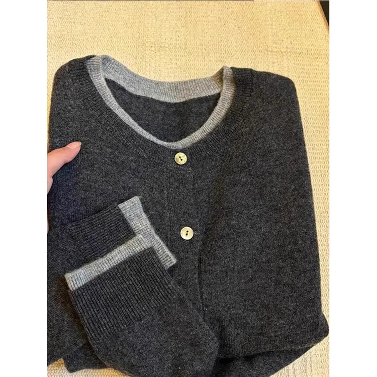 韩系深灰色假两件针织开衫外套女秋冬穿搭毛衣内搭打底衫长袖上衣