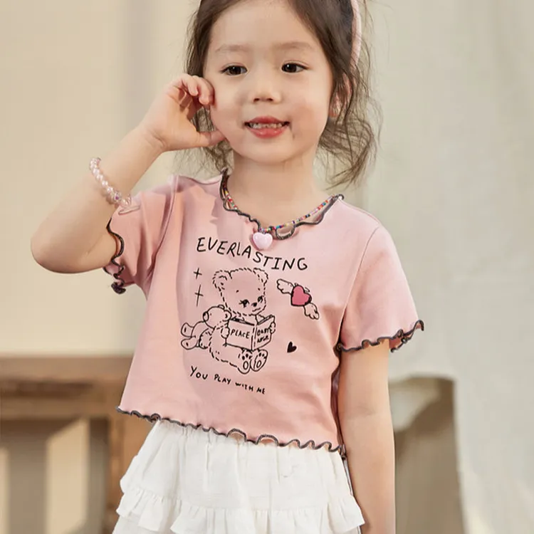 宝宝木耳边t恤女短袖洋气2025夏季新款婴儿短款上衣女童修身印花