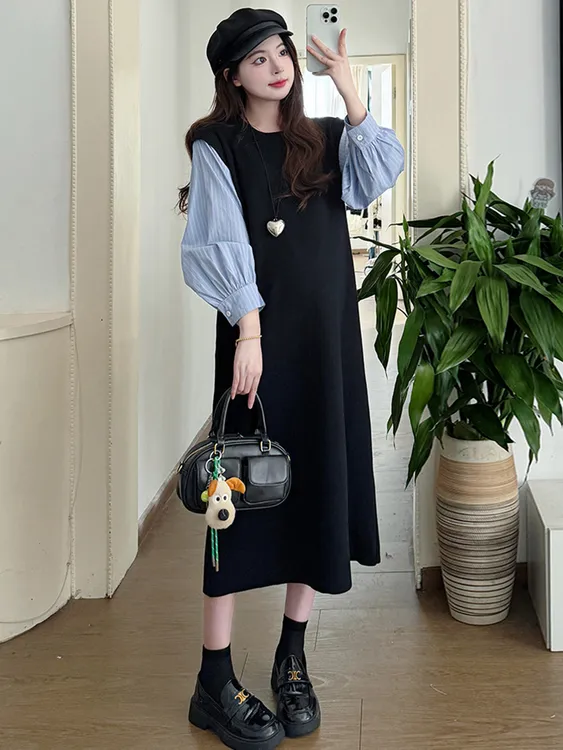 孕妇秋季连衣裙2025新款时尚假两件宽松衬衫拼接长裙秋季孕妇裙子