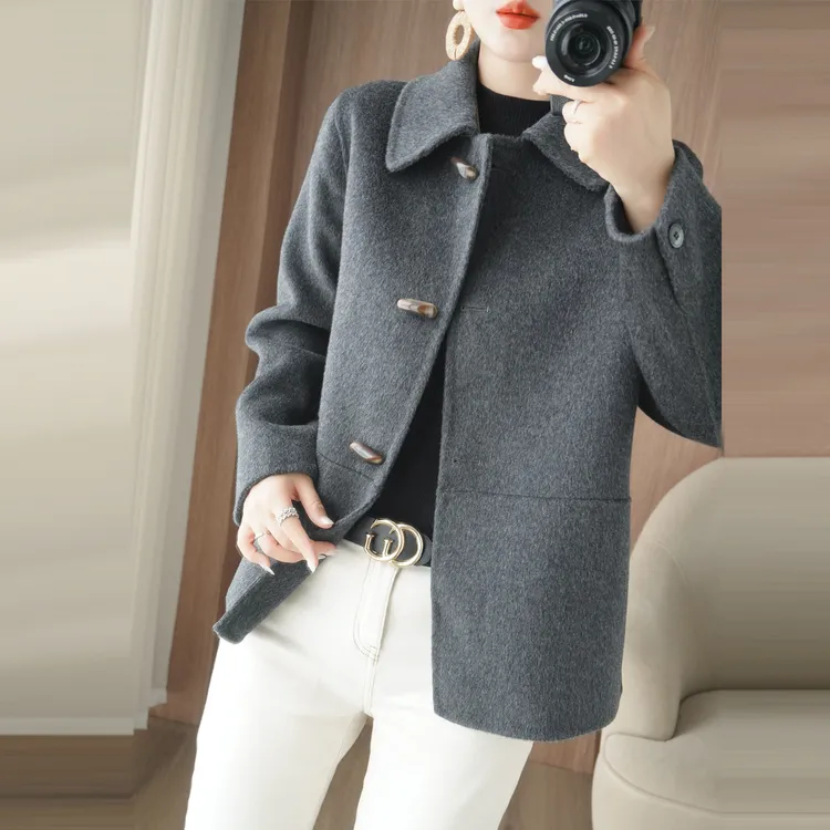 100%羊毛女装秋冬款小个子双面羊绒大衣牛角扣宽松短款毛呢外套