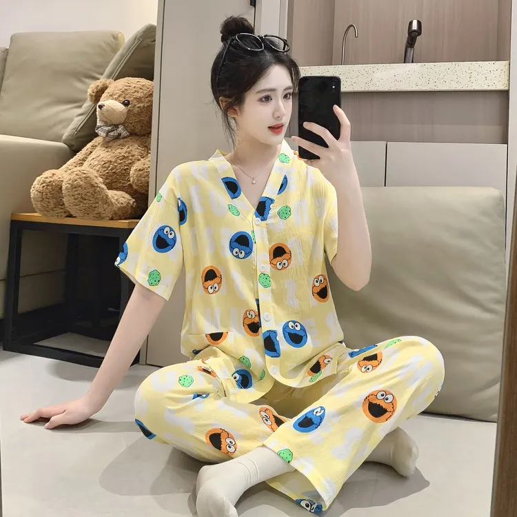 甜美卡通云朵棉睡衣女夏季短袖长裤学生少女感可外穿家居服套装