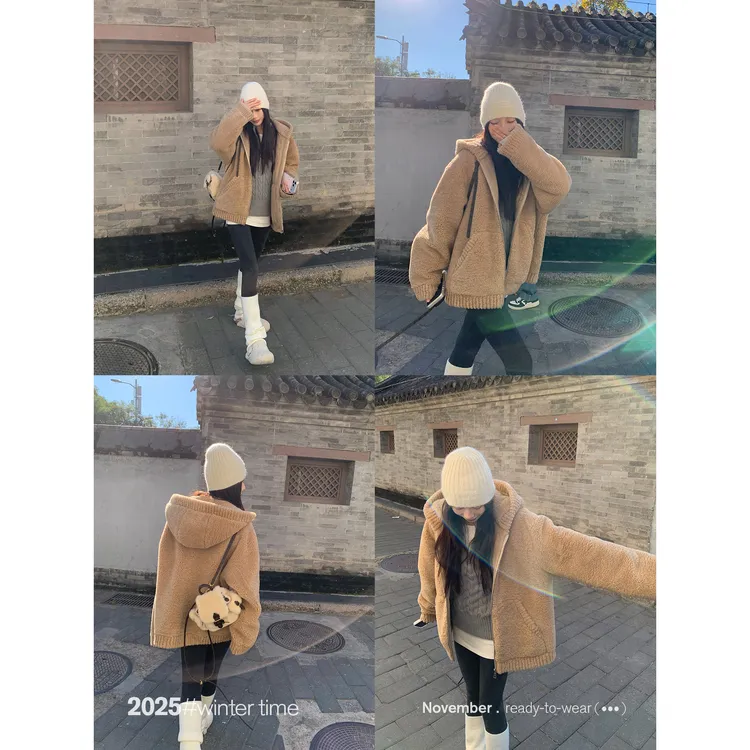 SUNONEONE 连帽口袋宽松仿羊羔毛毛呢外套女冬呢子短款大衣H1559W
